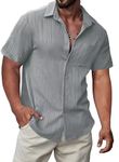 JMIERR Men's Short Sleeve Cotton Textured T-Shirts Chic Button Up Shirts Spring Casual Hawaiian Shirts Bowling Business Dress Shirts Beach Shirt for Men D Grey Large