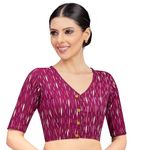 Studio Shringaar Women's Wine Cotton Ikat Printed Elbow Length Sleeves Saree Blouse (Wine, 34)