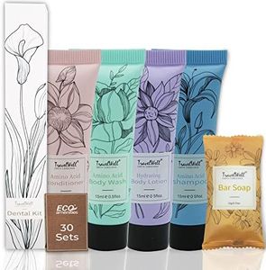 Travel Well Travel Size Toiletries Bulk Set - AirBnB Essentials for Guests - 180 Items (30 pieces each of Mini Shampoo, Conditioner, Soap Bars, Lotion, Body Wash, Dental Kit)