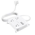 TROND 15ft Long Extension Cord Indoor USB C, Ultra Thin Flat Plug Power Bar, 3 Multi Plug Outlet Extenders 3 USB Ports, Under Desk Power Strip Wall Mount, Office Supplies Dorm Room Essentials, White