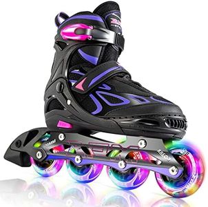 2pm Sports Vinal Girls Adjustable Inline Skates with Light up Wheels Beginner Skates Fun Illuminating Roller Skates for Kids Boys and Ladies - Violet Medium(1Y-4Y US)