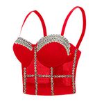 Women's Handmade Rhinestone Diamond Push up Bustier Crop Top Punk Corset Bra Vest, #2 Red, Large