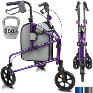Vive Mobility 3 Wheel Walker - Three Wheeled Rollator for Seniors - Lightweight, Foldable, Narrow, Heavy Duty - for Elderly Men Women - Folding 3-Wheel Tri Scooter with Basket Bag