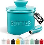 Zulay Kitchen Porcelain Butter Crock With Lid & Knife - Authentic French Butter Dish For Fresh & Spreadable Butter - Turqoise