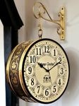 Vintage Clock Metal Handcrafted Brass Finish Double Side Railway Station Analog Clock One Side English Other Side Roman Number (10 Inches Size)