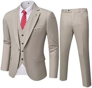 MYS Men's 3 Piece Slim Fit Suit Set, One Button Solid Jacket Vest Pants with Tie Beige