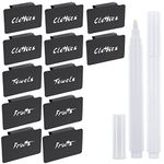 12PCS Plastic Basket Labels for Storage Bins, Removable Basket Label Clip On, Kitchen Pantry Basket Labels Holder with 2PCS White Chalk Markers for Basket Pantry Organization Box