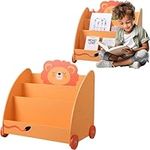 Navaris Kids Bookcase - Childrens Bookshelf with Wheels & 3 Shelves - Childs Montessori Bookshelves for Bedroom or Play Room - 60 x 58 x 40cm (23.6 x 22.8 x 15.7) - Orange Lion