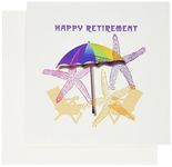 3dRose Happy Retirement with Beach Chairs n Umbrella with Starfish - Greeting Cards, 6 x 6 inches, set of 12 (gc_109250_2)