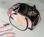 Juicy Couture Pet Carrier - Crown Printed Pink Faux Suede Small Dog or Cat Carrier with Washable & Removable Foam Pad and Mesh Windows, Stylish Cat Carrier for Pets Upto 10lbs