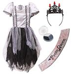 GIRLS UNDEAD ZOMBIE PROM QUEEN HALLOWEEN COSTUME. GOTHIC GIRLS FANCY DRESS COSTUME WITH TATTERED GREY & BLACK PROM DRESS, BLACK TIARA, BLOOD-STAINED PROM QUEEN SASH, FACEPAINT & FAKE BLOOD. MEDIUM