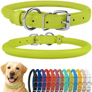 CollarDirect Rolled Leather Dog Collar, Soft Padded Round Puppy Collar, Handmade Genuine Leather Collar Dog Small Large Cat Collars 13 Colors (20-23 Inch, Lime Green Textured)