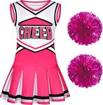 Sersllta Cheerleader Costume for Girls Cheerleading Outfit with Pom Poms Halloween Dress Up Party (Pink, 9-10 Years)