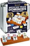 Queensell Mexican Train Dominoes Set with Numbers and 4 Holders - Wooden Hub and Domino Holders - Double 12 with Numbers (D12 Numbers + 4 Holders)