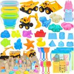 FHOZGECY Beach Toys, 35Pcs Sand Toys, Sandbox Toys with 3 Truck 3 Collapsible Beach Bucket, Sand Castle Toys Kit, Animal Dinosaur Molds, Shovel Set, Mesh Bag, Travel Toys for Kids Toddlers Boys Girls