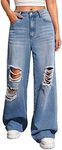 SweatyRocks Women's Casual High Waisted Wide Leg Ripped Denim Jeans with Pocket Blue XL