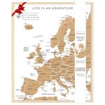 Splosh Travel Map - Desk Pin Board Europe Map in White, Wooden Frame. Travel Map Corkboard with 100 Pins in 2 Colours to Mark Your Past and Future Adventures, Europe Map Pin Board.