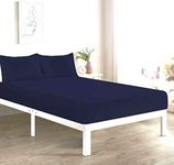 Fitted Bed Sheet With FREE MATCHING 2 X PILLOW CASES Poly Cotton Percale Easy Care Plain Dyed Bed Sheet Navy Double