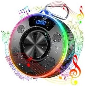 Bluetooth Shower Speaker, Portable Bluetooth 5.4 Speaker with 10Hrs 360° Sound Stereo Bass, 2025 IPX7 Waterproof with RGB Lights and Time Display, Mini Speaker for Bathroom, Outdoor, Party, Travel