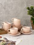 Miah Décor Pink Glazed Stoneware Pottery Ceramic Tea Cup and Saucer Set of 6- Cup Plate Set for Tea of 6 Tea Set Tea Coffee Cups Mugs Set ; Microwave & Dishwasher Safe