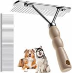 ChicRosa Dog Rake for Undercoat Long Tooth Dogs Comb, Rake Brush+Stainless Steel Shedding Comb, Husky Undercoat Rake Grooming Tool Set for Big Dog Horse Longhair Cat (Beige)