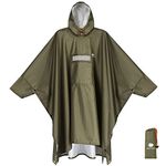 Anyoo Waterproof Rain Poncho with Sleeves&Pocket, Lightweight Reusable Hiking Rain Coat Jacket with Hood for Outdoor Activities, Unisex, OliveGreen, One Size