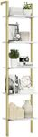 NUMENN Industrial Ladder Shelf, 5 Tier Book Shelf, Open Space Wall Mount Bookshelf with Metal Frame, Sturdy Book Shelves, Bookcase for Living Room, White and Gold