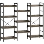 Rolanstar Triple Bookshelf, 4 Tier Industrial Bookshelf with Metal Frame, Grey Large Bookcase with Open Shelving, Wooden Storage Shelves, Wide Display Rack for Living Room