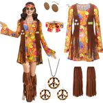 TOLOYE 70s Fancy Dress Women, Hippie Costume Outfit with Fringe Vest Boho Headband Necklace Set, 60s Disco Fancy Dress, 1970s Retro Hippie dress Hippy Clothes for Carnival Cosplay Party (L)