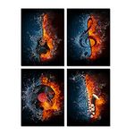 VVOVV Wall Decor - 4 Panel Music Canvas Painting Water and Fire Instrument Series Picture Prints Electric Guitar,Music Note,Saxophone and Turntable Wall Art Poster Decor for Bedroom