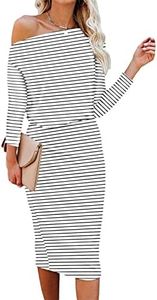 Ezbelle Women One Shoulder HIPS-wrap Batwing 3/4 Sleeve Striped Party Pencil Bodycon Work Midi Dresses White 02 X-Large