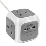 ExtraStar Power Cube 4 Ways Extended Lead with 2 USB Slots (5V/2.1A) Power Strip 1.5 Metre Cable Power Socket UK Plug for Home, Office, Travel and More - Gray + White