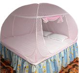 Healthy Sleeping Foldable Pop up Polyester Mosquito Net for Double Bed, Strong & Durable Mosquito Net for King, Queen Size Bed (Embroidery Pink 2)