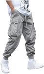 OYOANGLE Men's Casual Drawstring Elastic Waist Flap Pocket Letter Graphic Street Jogger Cargo Pants Light Grey XXL