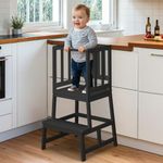 COSYLAND Nursery Step Stool for Kids - Toddler Standing Tower for Kitchen Counter - Mothers' Helper Kids Learning Stool in Kitchen - A Shaped Anti-tip Structure (Black)