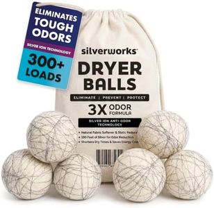 SilverWorks! Wool Dryer Balls Laundry Reusable - Odor Eliminating Dryer Laundry Balls with Silver Technology - Natural Fabric Softener and Static Reducer, Reduce Drying Time and Energy Costs - 6 Pack