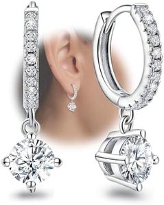 Hoop Earring with Dangle Round- Sterling Silver Hoop Earrings for Women Trendy Hypoallergenic Small Loop Earrings with Dangling Charm for Sensitive Ears Cubic Zirconia Fashion Huggie Earrings Gifts,