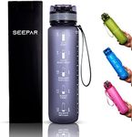 SEEPAR Water Bottle 1L with Time and Hydration Markers, Leak-Proof Design with Removeable Filter, Wide and Narrow Drinking mouth - BPA Free - Tritan Plastic - Grey (Grey) (Grey)