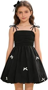 Girls Spaghetti Strap Bubble Dress - Tween Girls Dance Graduation Dresses Shirred Back Bow Flower Girl Party Dress for Kids Wedding Birthday Pageant Performance Back to School Black 13-14 Years