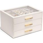 Vlando Jewelry Box with Glass Lid,Jewelry Organizer with 3 Drawers,3-Layer Jewelry Box for Women Girls,Gift for Loved Ones,White