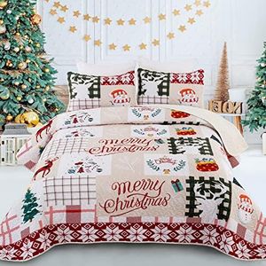 Dobuyly Christmas Quilt Set King, Christmas Tree Snowman Reindeer Pattern Bedding Bedspread Coverlet, Soft Microfiber Lightweight Holiday Christmas Quilt with 2 Pillowcases 90"x 103"