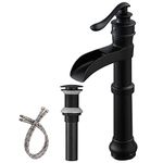 Matte Black Vessel Sink Faucet Waterfall with Pop Up Drain Assembly and Single-Handle Hole Supply Hose Lead-Free Vanity Lavatory Bathroom Faucet Mixer Tap