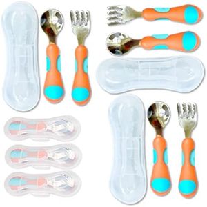 Kids Utensils Toddler Silverware Set x 3 - Stainless Steel Fork Spoon with Travel Case. Metal Cutlery for 1 2 3 4 years old Baby Boy Girl, Round Handle for Lunch-Box, 6 Pieces Orange Blue