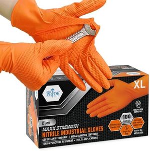 MED PRIDE Maxx Strength Nitrile Industrial Gloves, 8 Mil Thick [100 Gloves/Large] - Diamond Texture Disposable Safety- Heavy-Duty, Tear-Resistant Mechanic Automotive Food Handling Gloves- Orange