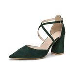 Women's Court Shoes Block Heels Pointed Toe Sandals Ankle Strap Pumps Platform Shoes Ladies Suede Pump Chunky Heels Green