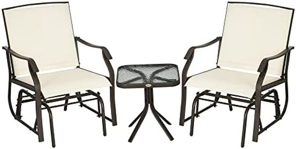 Outsunny 3 Piece Outdoor Glider Chair with Coffee Table Bistro Set, 2 Patio Rocking Swing Chairs with Breathable Sling Fabric, Glass Tabletop, for Backyard, Garden and Porch, Cream White