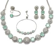 ZENEME Women's Rhodium-Plated Silver Toned Lime Green & White American Diamond Studded Round Shaped Necklace, Earrings, Bracelet & Ring Jewellery Set Free Size Silver & White, Free Size, Brass, No Gemstone