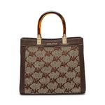 Anne Klein Embroidered AK Herringbone Convertible Satchel, Espresso/Brown-Tan Multi w/tort Handles