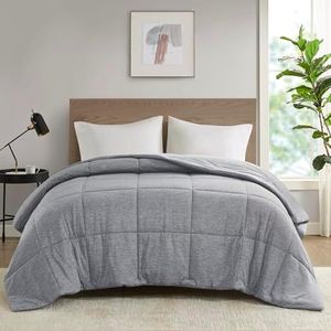 Urban Habitat Queen Comforter Set, Cozy Soft Jersey Knit Bedding, Box Quilting & Heathered Design, Cool to Touch, Lightweight All Seasons Down Alternative Bed Set, Full/Queen Grey 4 Piece