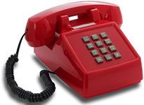 Opis PushMeFon cable: Old Fashioned Phone/Retro Telephone/Old Phone/Push Button Phone/Corded Phone/Old Telephone/Retro Phone/Cord Phone with classic Metal Bell Red